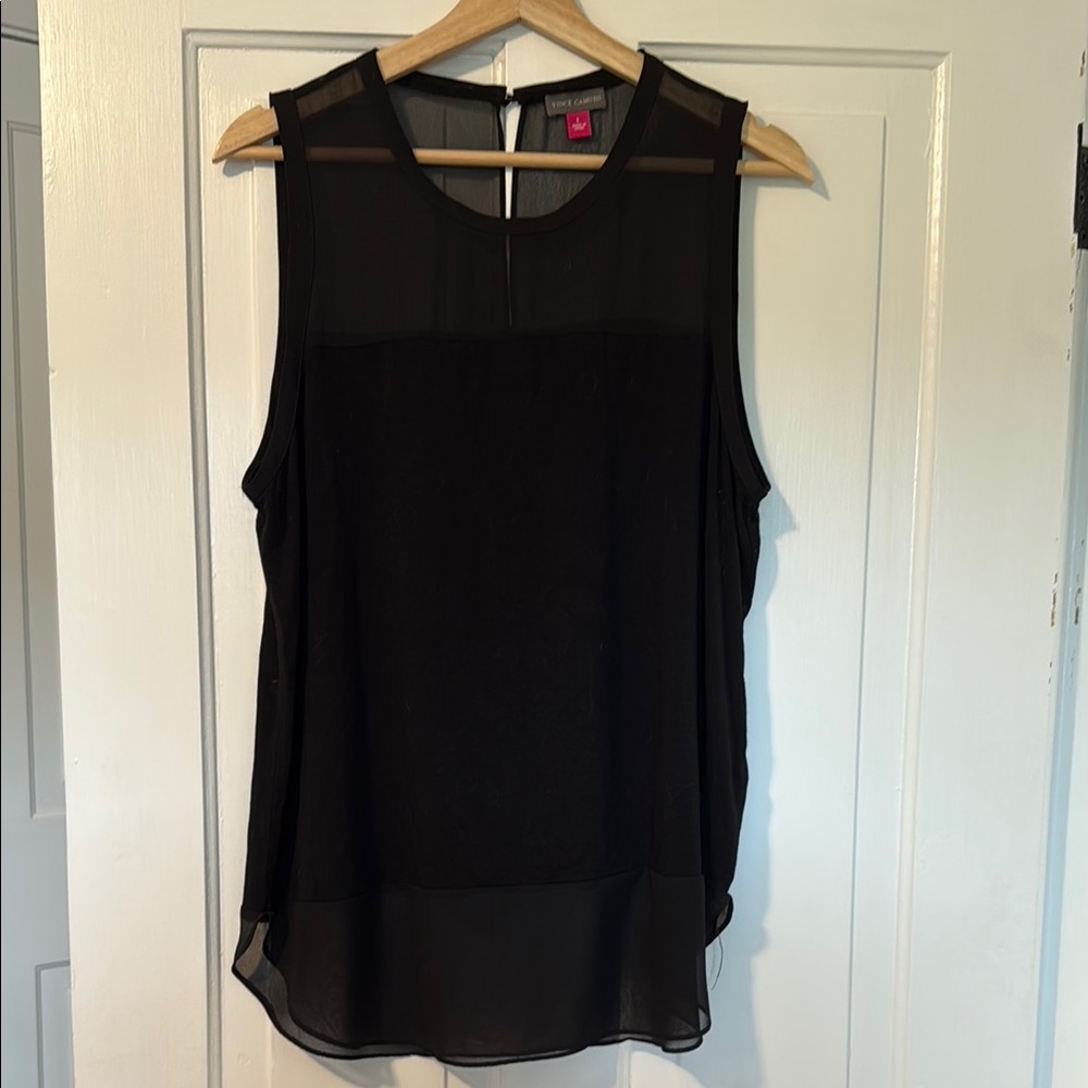 Vince Camuto Black Sleeveless Sheer Detail Top Sz L EUC
